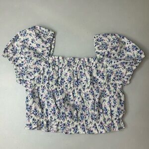 ZARA Girls Puff Sleeve Rouched Ditzy Floral Crop Top 100% Cotton Size 9 NWOT